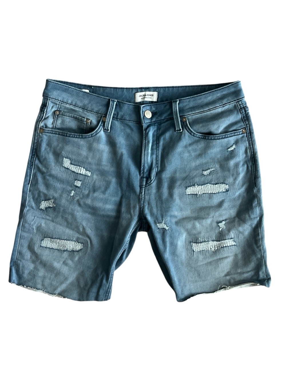 Jack & Jones Men's Washed Blue Distressed Denim Shorts Size L (W34)